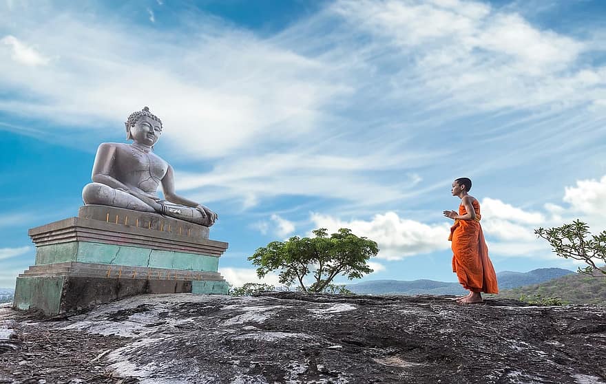 budismo, adoração, monge, antigo, Buda, Ásia, Bangkok, Garoto, budista, crianças, meditação