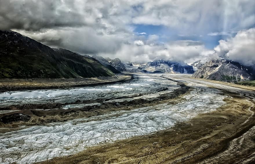 ルース氷河、アラスカ、雪、氷、山岳、空、雲、hdr、自然、外側、ツンドラ