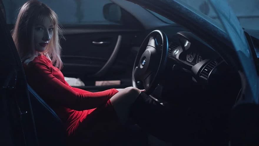 girl in car, in a red dress, behind the wheel, blonde, makeup, woman, model, shoot, hair, art, beauty