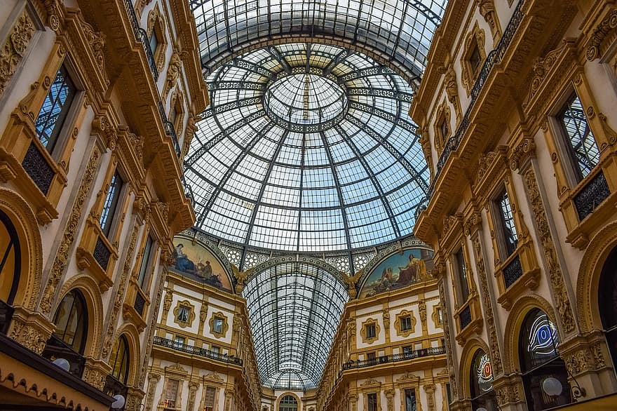 katto, lasi-, arkkitehtuuri, rakennus, kaupunki, kupoli, geometrinen, taivas, galleria vittorio emanuele ii, Milano, Italia