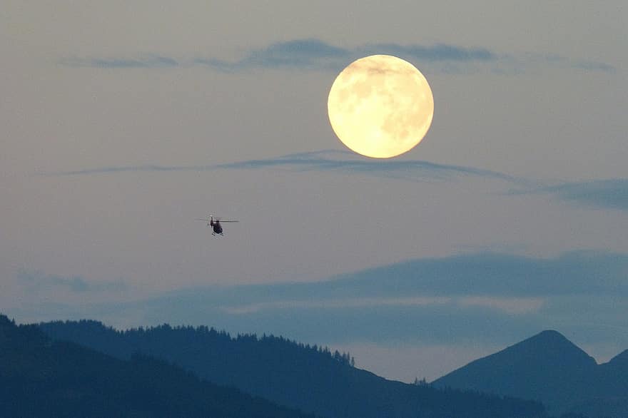 fullmåne, måne, Super måne, enorm, helikopter, molnplume, skymning, färg nyanser, bergen, himmel, natt