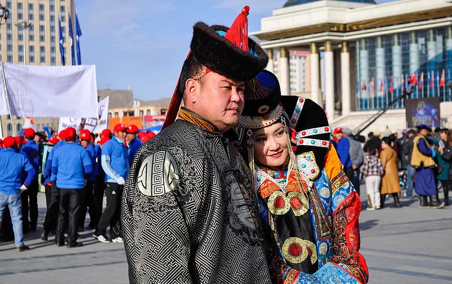 hatt, hvit, blå, damer, mongolia, kostyme, tradisjonell, parade, jenter, uniform, lykkelig