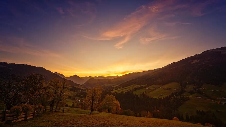 solnedgång, alpin, bergen, natur, landskap, Tyrolen, österrike, höst, belysning, skymning, himmel