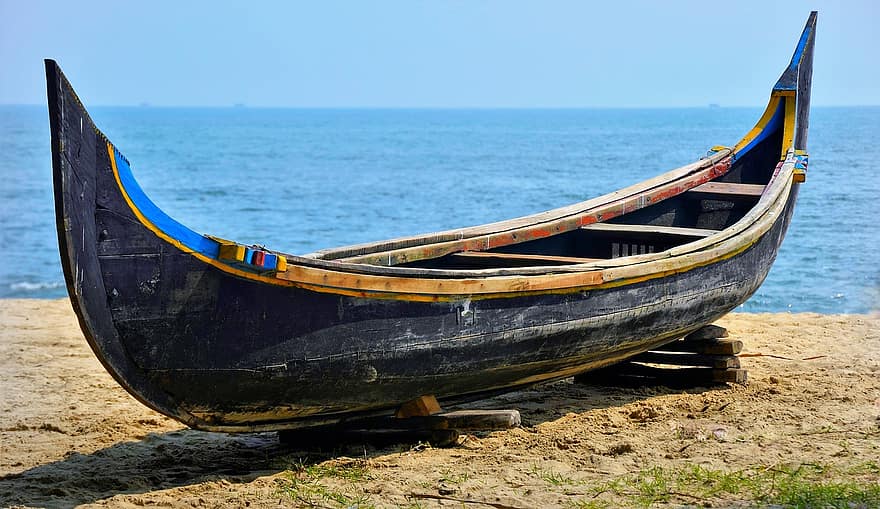 hölzern, handgemacht, traditionell, indisch, Boot, Wasser, Meer, Reise, Strand, Ozean, Sand