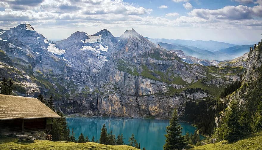 kalni, bergsee, ezers, oeschinen ezers, alm, ainavu, komponēšana, raksturs, kalnu grēda, vasarā, Šveice