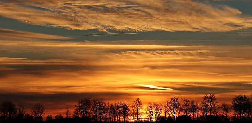 napnyugta, nap, esti égbolt, felhők, abendstimmung, lemenő nap, panoráma, ég, utánvilágítás, fák, románc