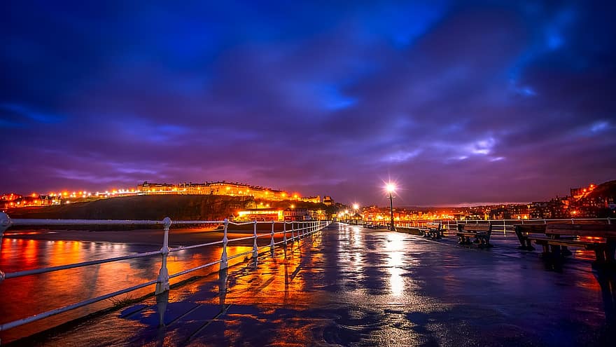 blue hour, whitby, north yorkshire, west pier, first light, coast, yorkshire, pier, harbour, old, sea