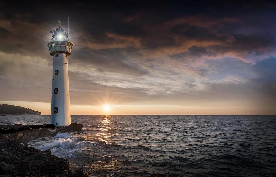 faro, splendore, sera, tramonto, oceano, mare, orizzonte, lontano, atmosferico, buio, luce