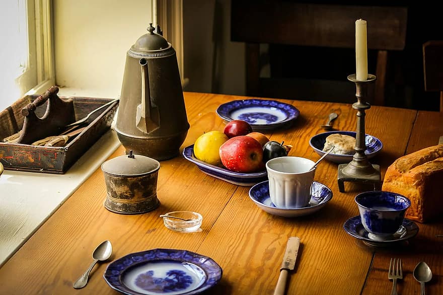 naturaleza muerta, comida, cena, mesa, cocina de la granja, Palacio de Justicia de Appomattox, taberna historica, museo