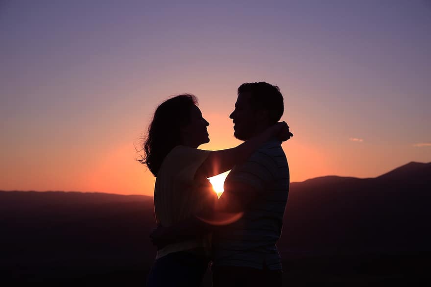 gente, mujer, hombre, abrazo, amor, Pareja, puesta de sol