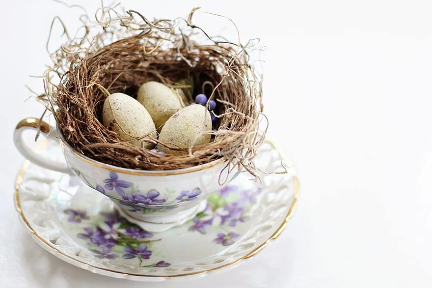 tea cup, vintage tea cup, bird's nest, nest, eggs, bird's eggs, easter, spring, cup, tea, vintage