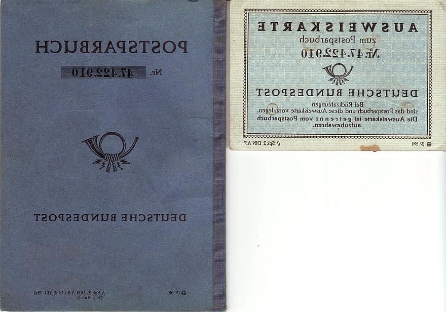 ощадна книжка, пост, Вінтаж, 1958 рік, Німеччина, стара папір, минуле, ретро, ностальгія, Давні часи, пам'яті