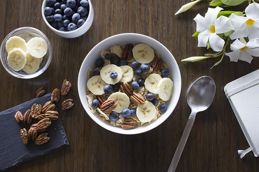 café da manhã, cereal, leite, banana, mirtilo, pecan, nozes, tigela, Comida, manhã, saudável