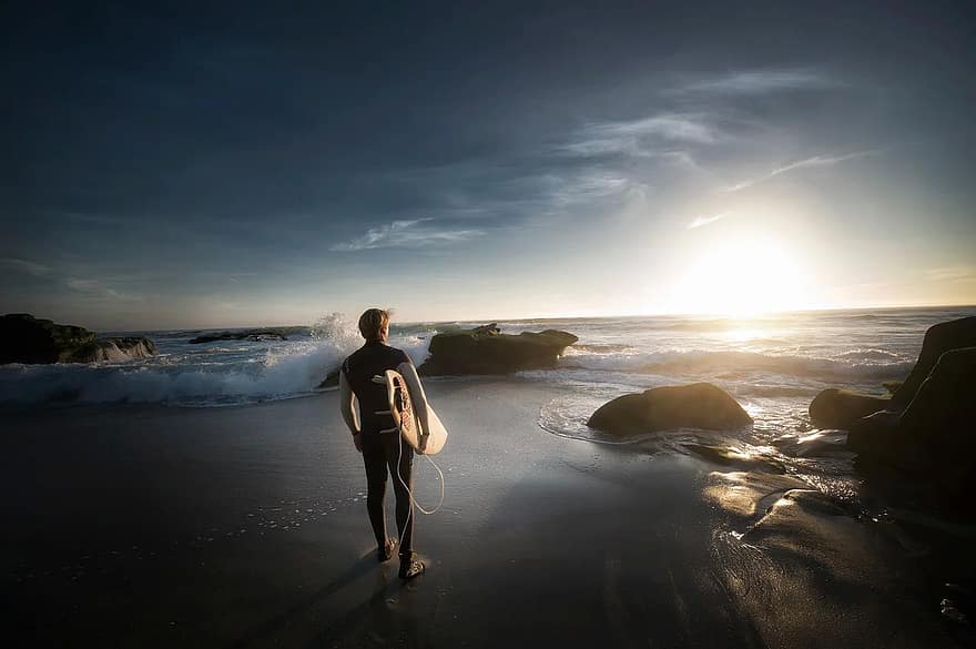 Strand, Mann, hav, bergarter, sand, Seascape, strandlinjen, himmel, sol, solskinn, solnedgang