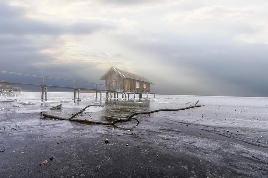 ammersee, Bootshaus, gefroren, Wasser, See, Netz, Bayern, Landschaft, Spiegeln, Natur, Haus