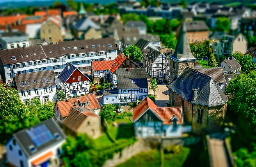 historiske centrum, huse, downtown, historisk, miniature effekt, huse facader, tilt skift, arkitektur, bygning, kirke, truss