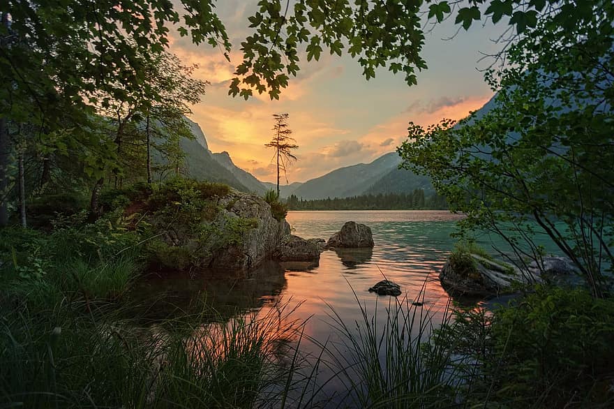 natură, apă, copac, peisaj, lac, reflecţie, apus de soare, vară, panoramă, idilic, Munte