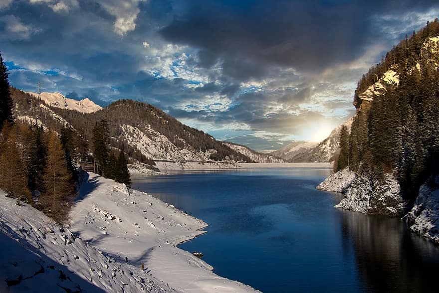 mountains, alpine, reservoir, switzerland, sunset, landscape, snow, winter, nature, lake, forest