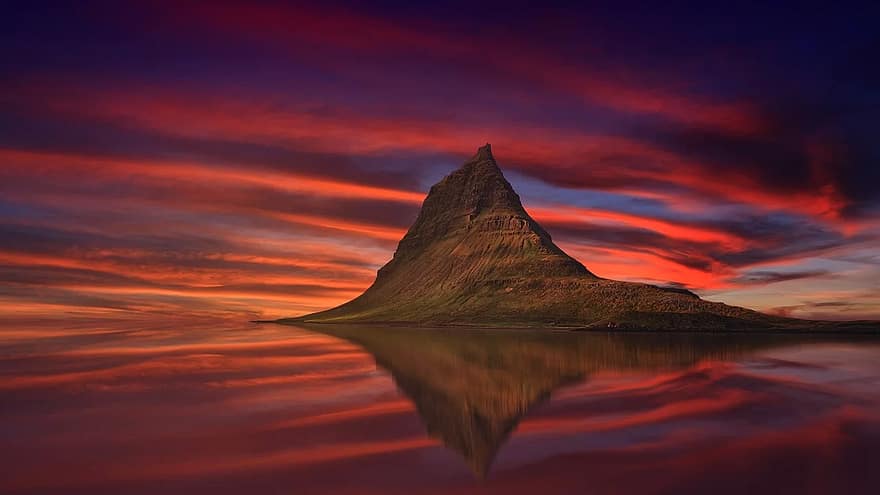 kirkjufell, Ισλανδία, βουνό, abendrot, η δυση του ηλιου, σούρουπο, αυγή, ουρανός, απόγευμα, του νερού, τοπίο