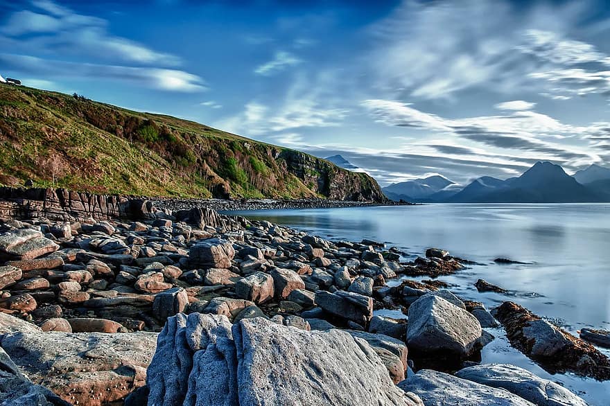 côte, plage, Roche, des pierres, Lac, eau, mer, colline, bleu, mouvement des nuages, falaise