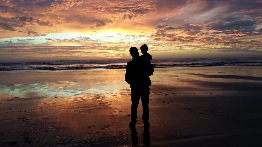 far, sønn, barnebarn, Mann, barn, solnedgang, Strand, vann, strand solnedgang, hav, ferie