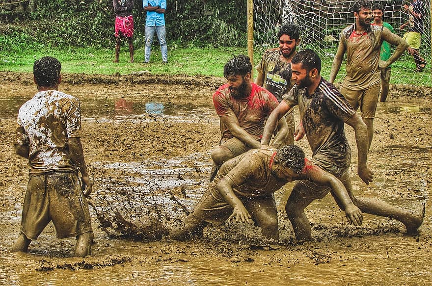 błoto piłka nożna, Kerala, monsun, ludzie, mężczyzna, Grupa