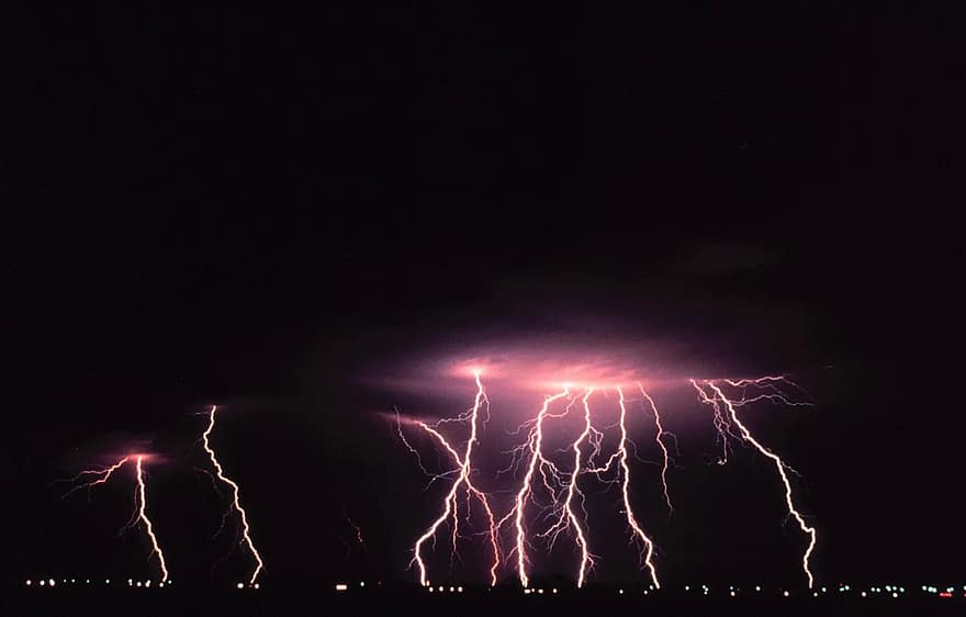 normando, Oklahoma, relámpago, peligroso, tornillo, electricidad, noche, vistoso, clima, tormenta, luces