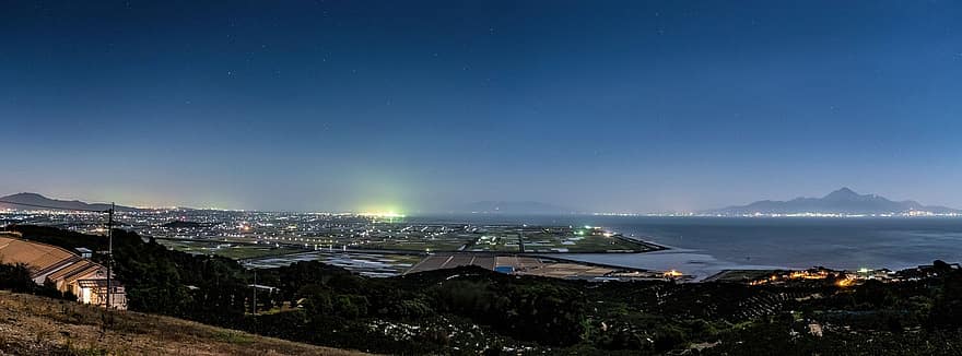 japan, Kumamoto, Kawachi, natt utsikt, hav, stjerne, himmel, landvinning, mt fugen i unzen