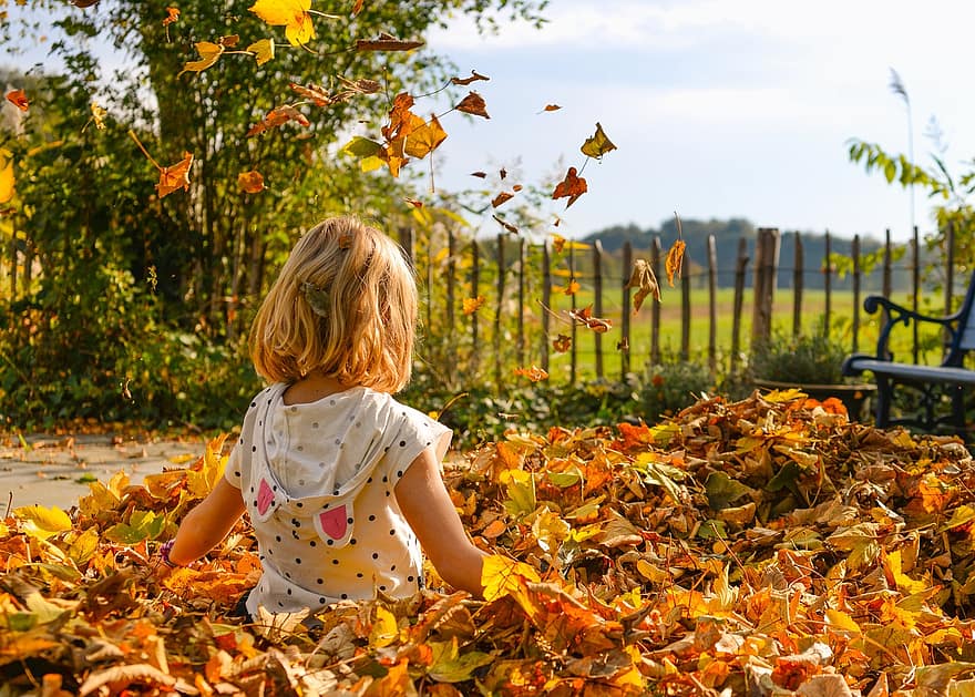 girl, playing, leaves, autumn, happy, fun, childhood, kid, young, outdoor, children