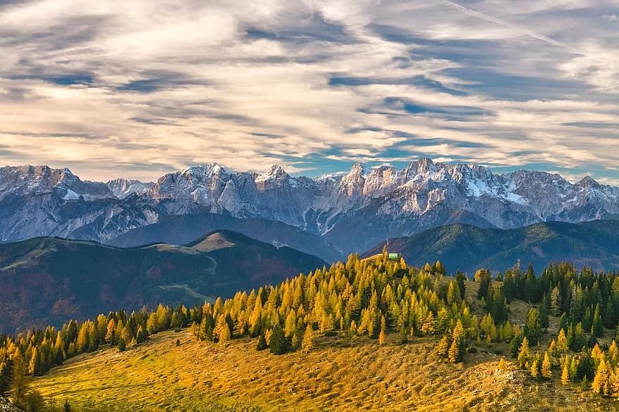 montagna, Alpi, Austria, paesaggio, alpino, nuvole, natura, foresta, picchi, giallo, cielo