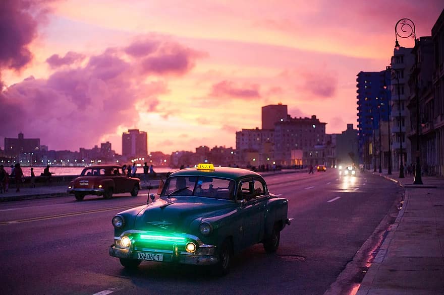 havana, auto, notte, Alba, viaggio, turismo, Cuba, vecchio, Vintage ▾, architettura, cielo