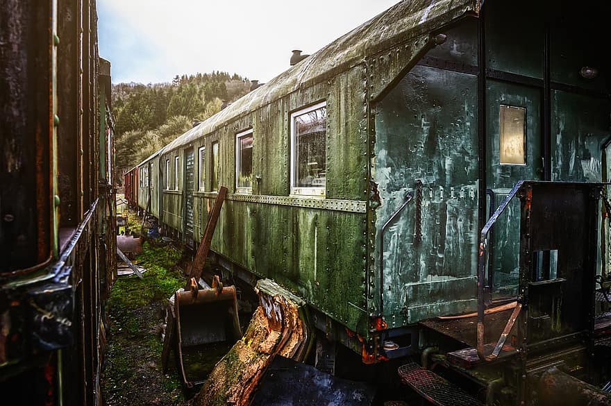 treno, osare, scomparto, ferrovia, scartato, in pensione, intemperie, treno cimitero, spegnimento, posti persi, carro