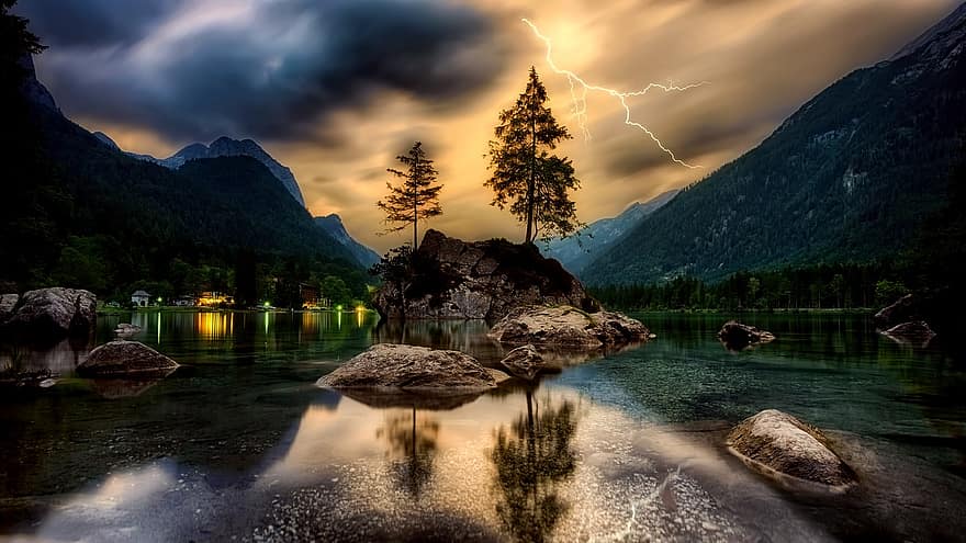 sunset, dusk, sky, clouds, lightning, storm, hdr, lake, water, reflections, trees