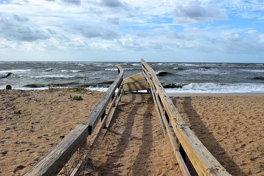 hurikán irma, poškození, promenádě, zničení, chodník, pláž, oceán, voda, nebe, písek, hurikán