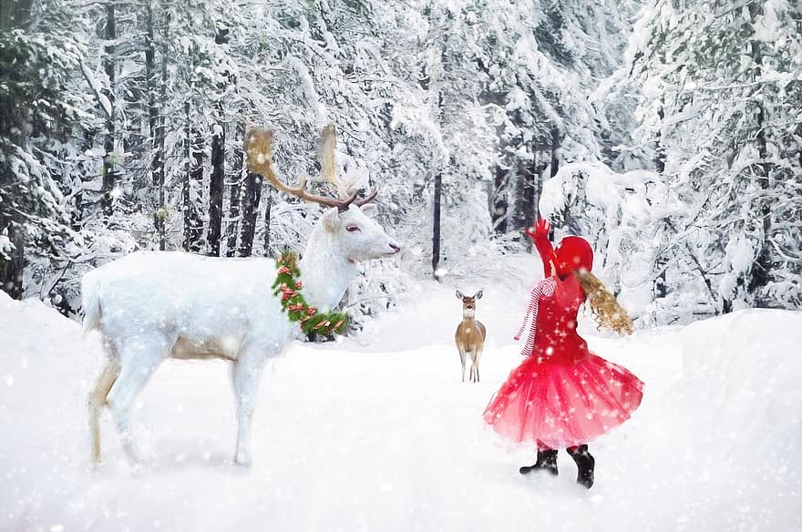 inverno, bambina che balla, cervo bianco, la neve, ragazza, ragazzo, bambino, danza, infanzia, poco, Natale