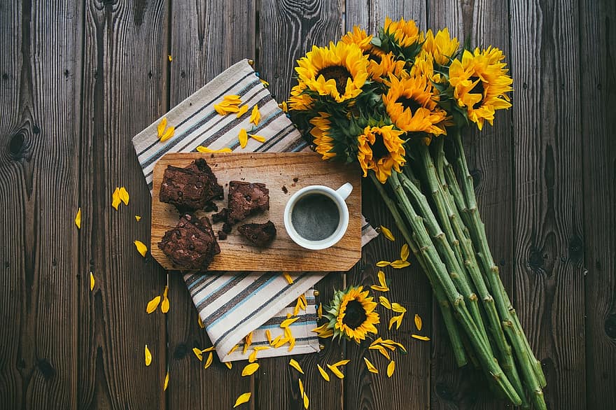 tournesol, café, boisson, planche, serviette de table, Brownies, bonbons, dessert, collation