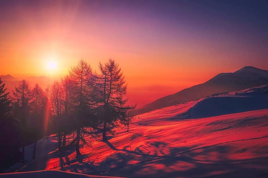 italy, sunrise, sky, clouds, beautiful, mountains, snow, winter, trees, landscape, nature