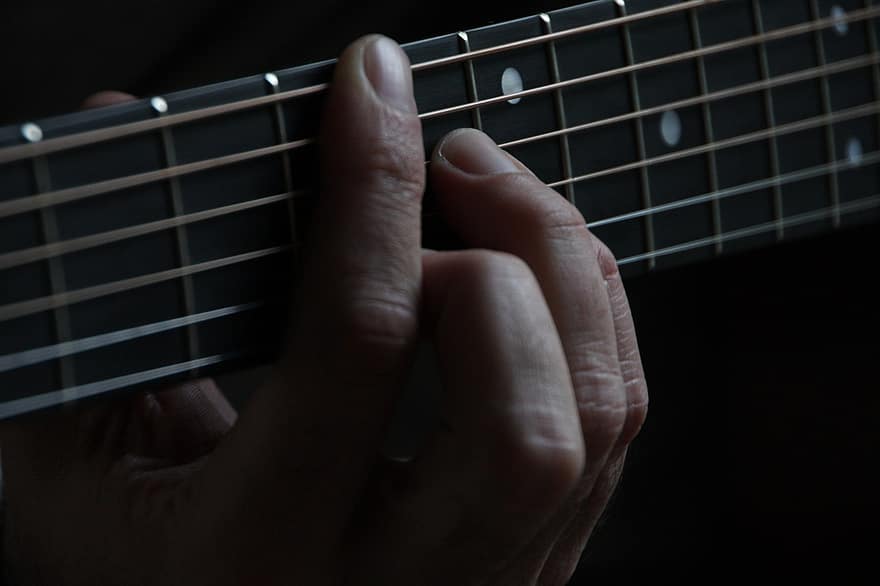 guitar, strings, finger, hand, playing, instrument, music, acoustic, sound, rock, musician