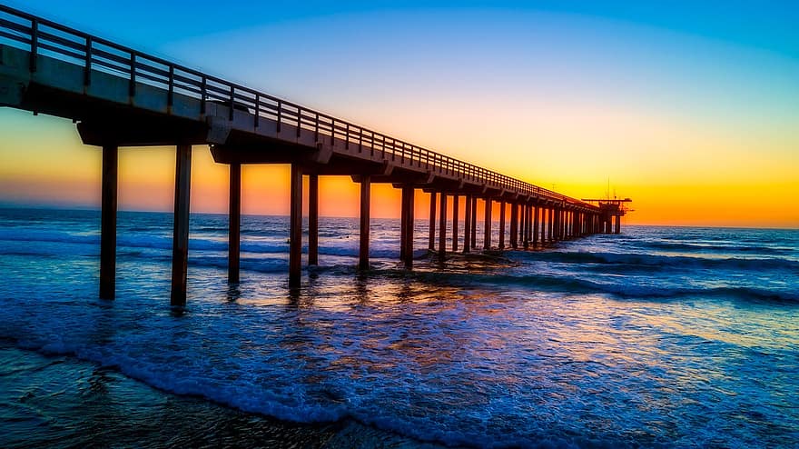 california, scripps pier, landmark, sea, ocean, seaside, sky, clouds, sunset, dusk, hdr