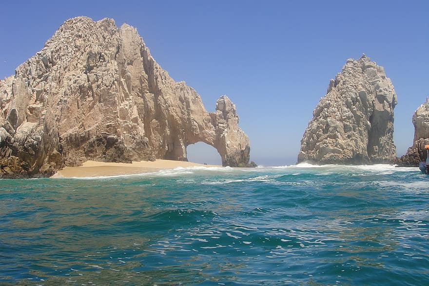 el arco, cabo, México, formação rochosa, de praia, oceano, céu, agua, costa, ondas, nuvens