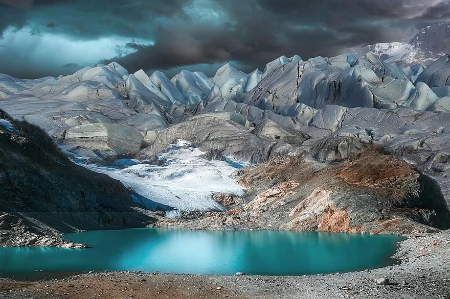 風景、山、氷、湖、反射、空、雲