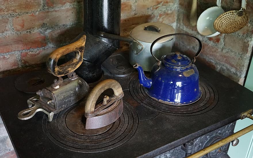 cooking zone, stove, antique, cook, old kitchen stove, iron, water boiler