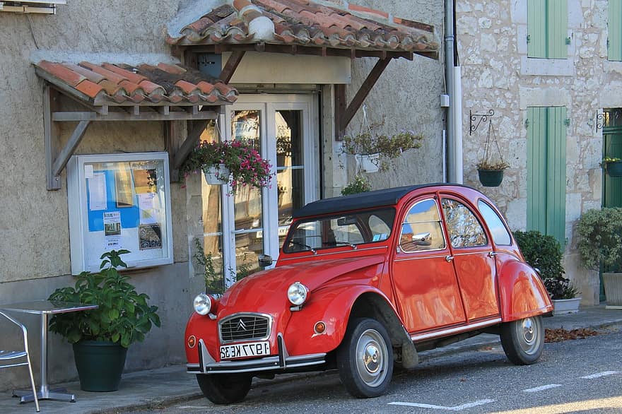 citroen 2cv, auto, ranskalainen auto, vintage-auto, kahvila, punainen auto, ajoneuvo, klassiset autot, vuosikerta, vintage-autot, klassinen auto