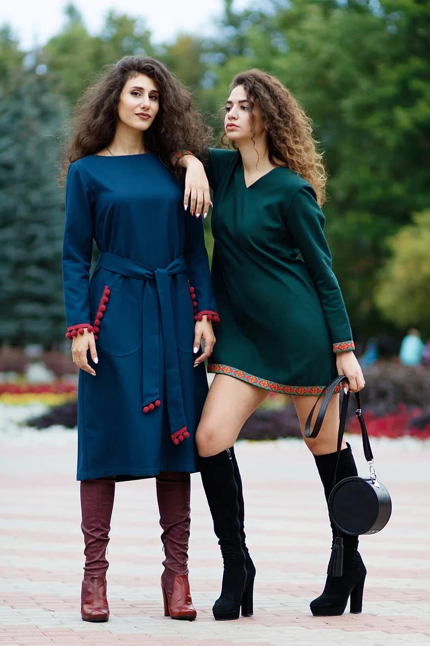 filles, mode, des modèles, Dame, robe, deux filles, style, vert, bleu, deux, parc