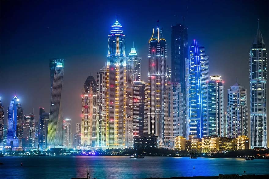 dubai, noche, luces, iluminado, escénico, rascacielos, alto, agua, paisaje urbano, horizonte, ver