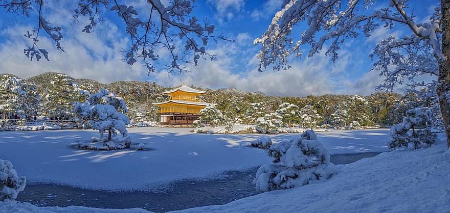 panoramautsikt, kinkaku ji, snø, verdens kulturarv, turisme, kyoto, japan