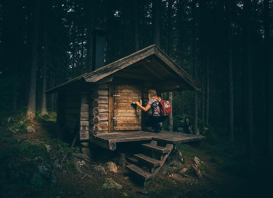 bungalow, cabine, Bos, huis, hut, landschap, licht, logboek, blokhut, persoon, rotsen