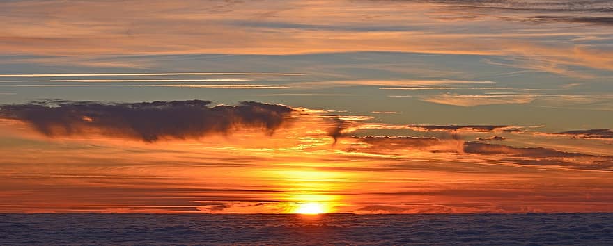 sunset, sun, twilight, sea, clouds, sky