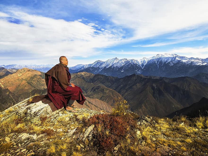 buddyzm theravada, mnich w górach, mnich w himalajach, bhikkhu, buddyzm, buddyjski, Góra, Himalaje, krajobraz, Natura, duchowy