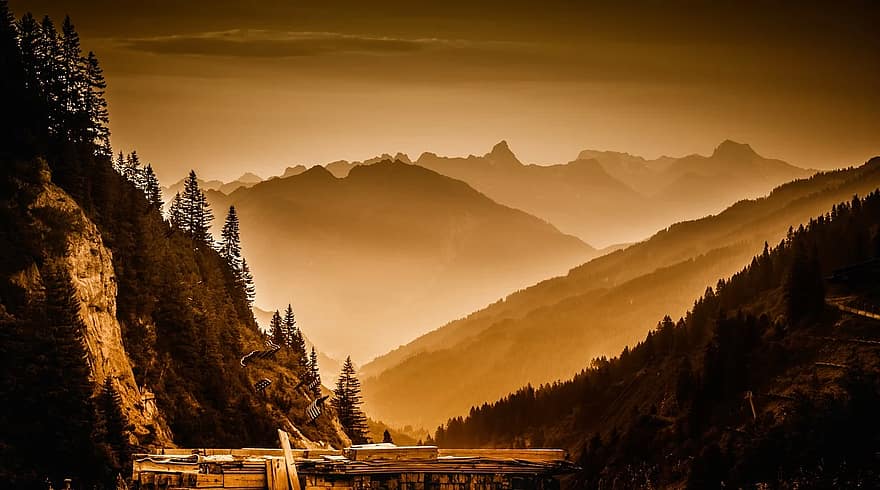 arlberg περάσει, τοπίο, abendstimmung, λυκόφως, η δυση του ηλιου, σιλουέτα